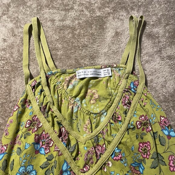 Zara Dress Womens Sz Large Mini Green Sleeveless Summer Floral Romantic - Picture 4 of 6